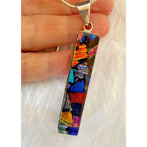 Sterling Silver Vertical Pendant Dichroic Metallic Art Glass Gorgeous 24"
